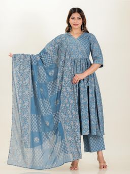 ARAMYA - Women Cotton Printed Blue Kurta with Palazzo and Dupatta (Set of 3)