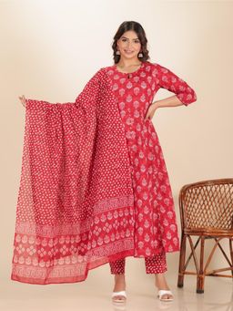 ARAMYA - Women Cotton Floral Red Kurta with Pant and Dupatta (Set of 3)