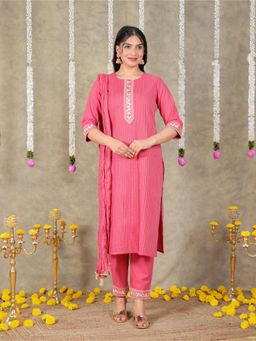 ARAMYA - Women Cotton Solid Coral Kurta with Pant and Dupatta (Set of 3)