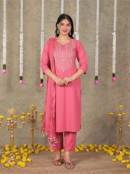 ARAMYA - Women Cotton Solid Red Kurta with Pant and Dupatta (Set of 3)