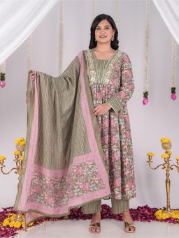 ARAMYA - Women Cotton Floral Multi-Color Kurta with Pant and Dupatta (Set of 3)