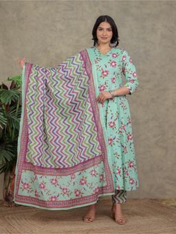 ARAMYA - Women Cotton Floral Multi-Color Kurta with Pant and Dupatta (Set of 3)