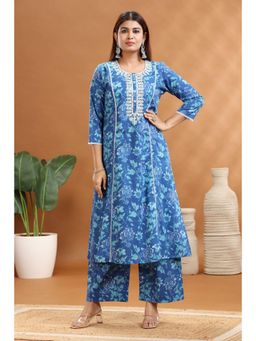 Cotton Culture - Women Cotton Embroidered Blue Kurta with Pant (Set of 2)