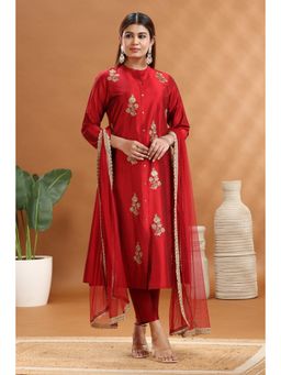 Cotton Culture - Women Poly Silk Floral Maroon Kurta with Pant and Dupatta (Set of 3)