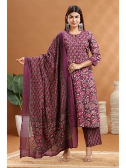 Cotton Culture - Women Cotton Floral Purple Kurta with Pant and Dupatta (Set of 3)