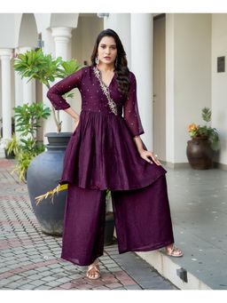 MOJILAA - Women Polyester Embroidered Purple Co-Ord (Set of 2)