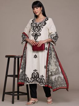 Ritu Kumar - Women Cotton Solid Beige Kurta with Pant and Dupatta (Set of 3)