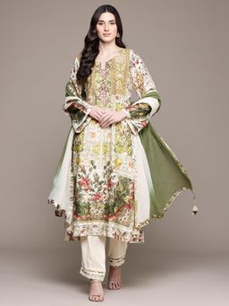 Ritu Kumar - Women Cotton Printed Off White Kurta with Pant and Dupatta (Set of 3)