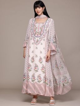 Ritu Kumar - Women Viscose Printed Pink Kurta with Pant and Dupatta (Set of 3)