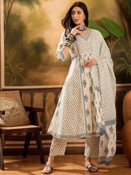 Vastramyaa - Women Pure Cotton Printed Off White Kurta with Pant and Dupatta (Set of 3)