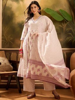 Vastramyaa - Women Pure Cotton Printed Off White Kurta with Pant and Dupatta (Set of 3)