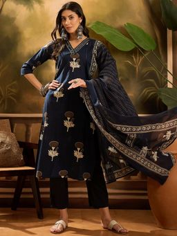 Vastramyaa - Women Pure Cotton Printed Navy Blue Kurta with Pant and Dupatta (Set of 3)
