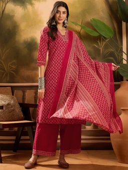Vastramyaa - Women Pure Cotton Printed Maroon Kurta with Palazzo and Dupatta (Set of 3)