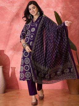 Vastramyaa - Women Pure Cotton Printed Purple Kurta with Pant and Dupatta (Set of 3)