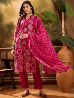 Vastramyaa - Women Pure Cotton Printed Pink Kurta with Pant and Dupatta (Set of 3)