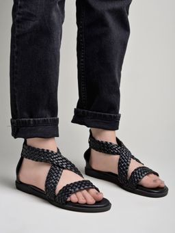 Shoetopia - Braided Upper Wrap Strap Black Flat Sandals