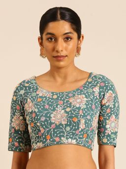 Ethnovog - Ready To Wear Green Georgette Embellished Round Neck Blouse