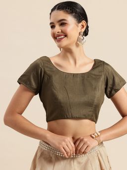 Ethnovog - Ready To Wear Olive Art Silk Round Neck Blouse