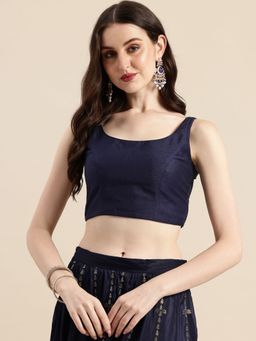 Ethnovog - Ready To Wear Navy Blue Dupion Silk Sleeveless Blouse
