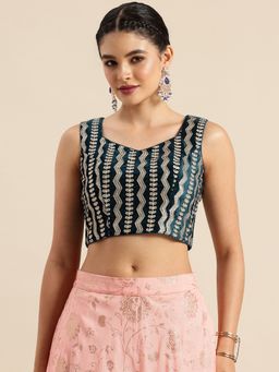 Ethnovog - Ready To Wear Teal Blue Embroidered Velvet Pentagon Neck Blouse