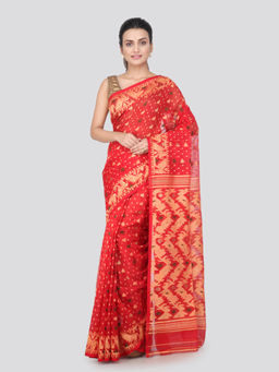 PinkLoom - Womens soft Jamdani Saree without Blouse -Red