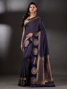 Arhi - Blue Brocade Silk With Traditional Motif with Unstitched Blouse (Set of 2)