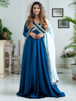 Lavanya The Label - Blue Silk Long Dress With Dupatta (Set of 2)