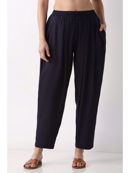 Biba - Women Navy Blue Viscose Rayon Relaxed Solid Pant