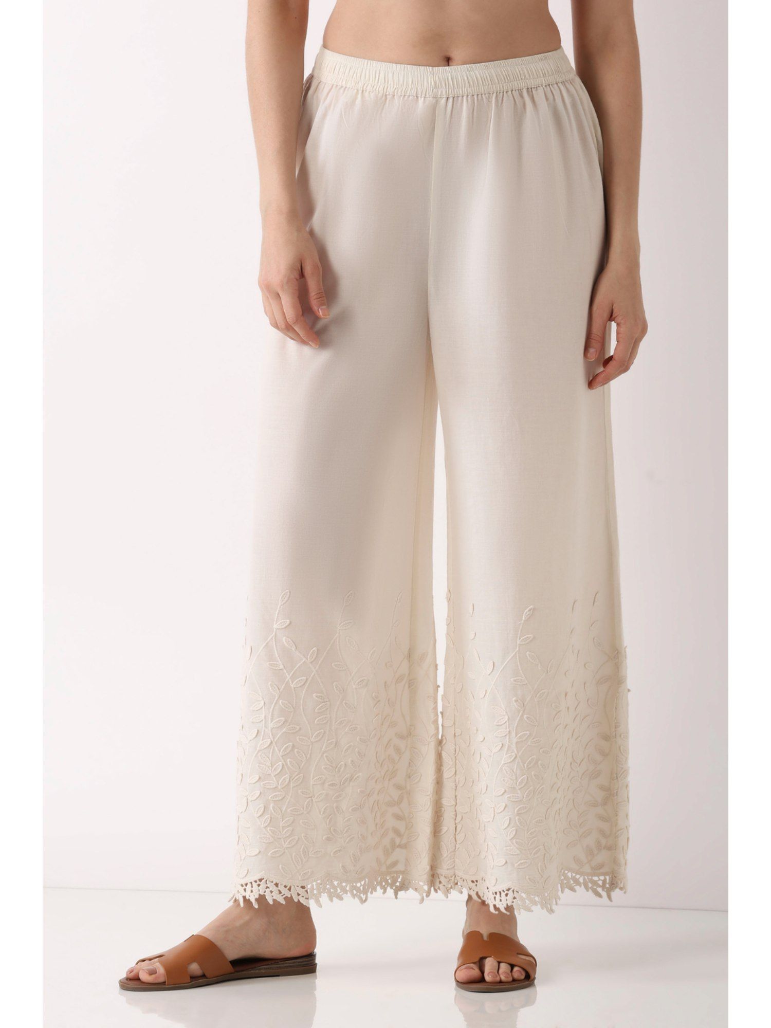 biba Women Off White Cotton Flared Palazzos-picture-24