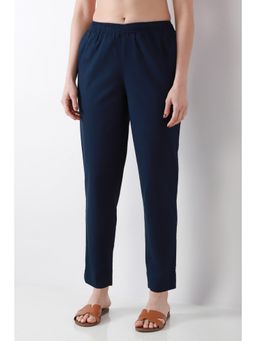 Biba - Women Navy Blue Cotton Slim Pant