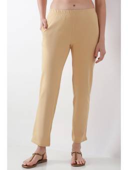 Biba - Women Beige Cotton Lycra Straight Pant