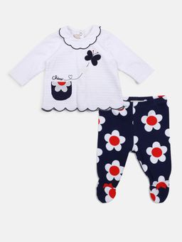 Chicco - Girls White & Blue Floral Self Design Top With Pant (Set of 2)