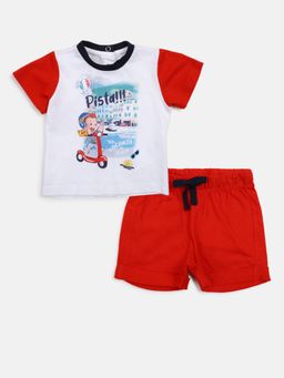 Chicco - Boys White & Red Printed T-Shirt With Shorts (Set of 2)