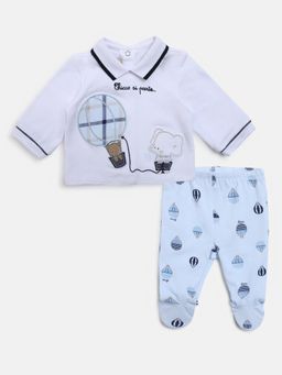 Chicco - Boys White & Light Blue Printed T-Shirt With Pant (Set of 2)