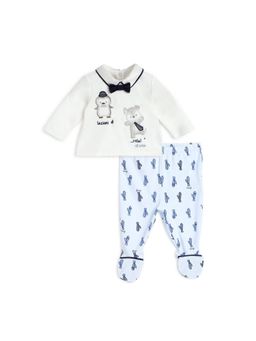 Chicco - Boys White & Light Blue Embroidered Top with Pant and Bow Tie (Set of 3)