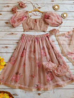 Label Kanupriya - Girls Pink Floral Blouse with Lehenga and Dupatta (Set of 3)