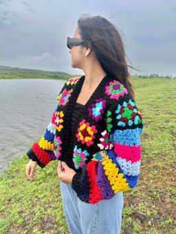 SUGERCANDY - Black Granny Square with Guth Sleeve Cardigan