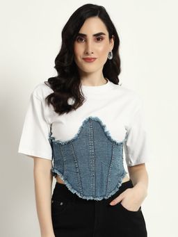 SUGERCANDY - Denim Corset Attached Top - White
