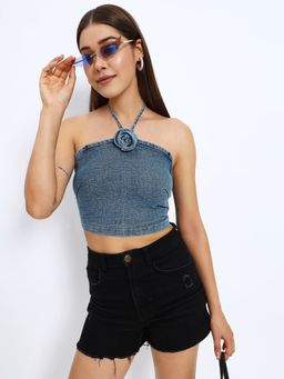 SUGERCANDY - Denim Rose Bow Halter Top