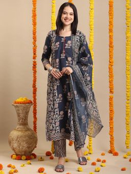 Gahan - Rayon Floral Printed Navy Blue Kurta Pant & Floral Printed Dupatta (Set of 3)