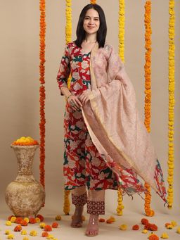 Gahan - Rayon Floral Printed Beige Kurta Pant & Floral Printed Dupatta (Set of 3)