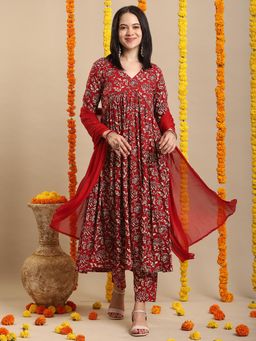 Gahan - Rayon Abstract Floral Printed Maroon Gathered Anarkali Pant & Plain Dupatta (Set of 3)