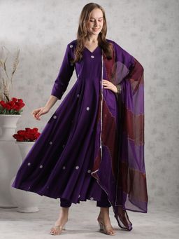 Gahan - Rayon Minimalist Floral Embroidered Purple Anarkali Pant & Lehariya Dupatta (Set of 3)