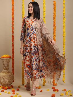 Gahan - Rayon Peacock & Floral Printed Beige Kurta Pant & Printed Dupatta (Set of 3)