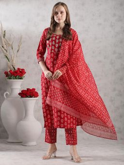 Gahan - Rayon Yoke Mirror Embellished with Block Printed Red Kurta Pant & Dupatta (Set of 3)