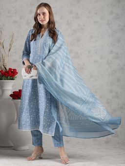 Gahan - Rayon Lace Embellished & All Over Floral Printed Blue Kurta Pant & Dupatta (Set of 3)