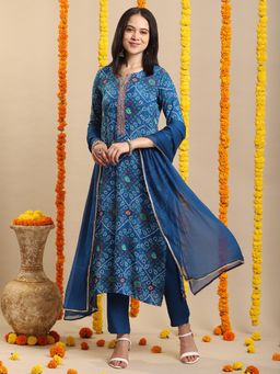 Gahan - Rayon Mirror Embellished & Bandhani Printed Blue Kurta Pant & Dupatta (Set of 3)