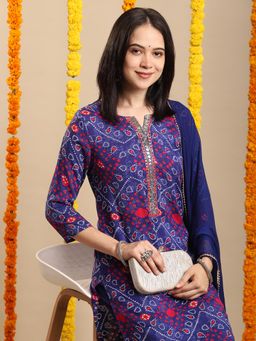 Gahan - Rayon Mirror Embellished & Bandhani Printed Navy Blue Kurta Pant & Dupatta (Set of 3)