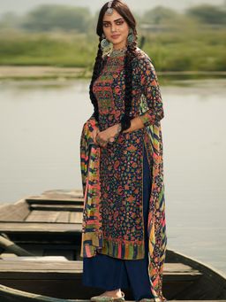 Stylee LIFESTYLE - Blue Pashmina Printed Unstitched Dress Material (Set of 3)