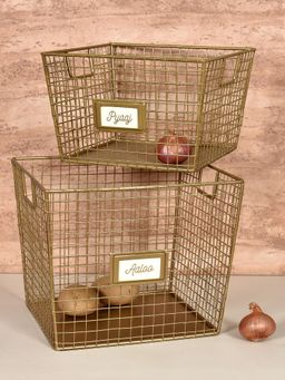 Living With Elan - Dabbahs and Days Potato Onion Storage Baskets -Set Of 2, Antique Gold